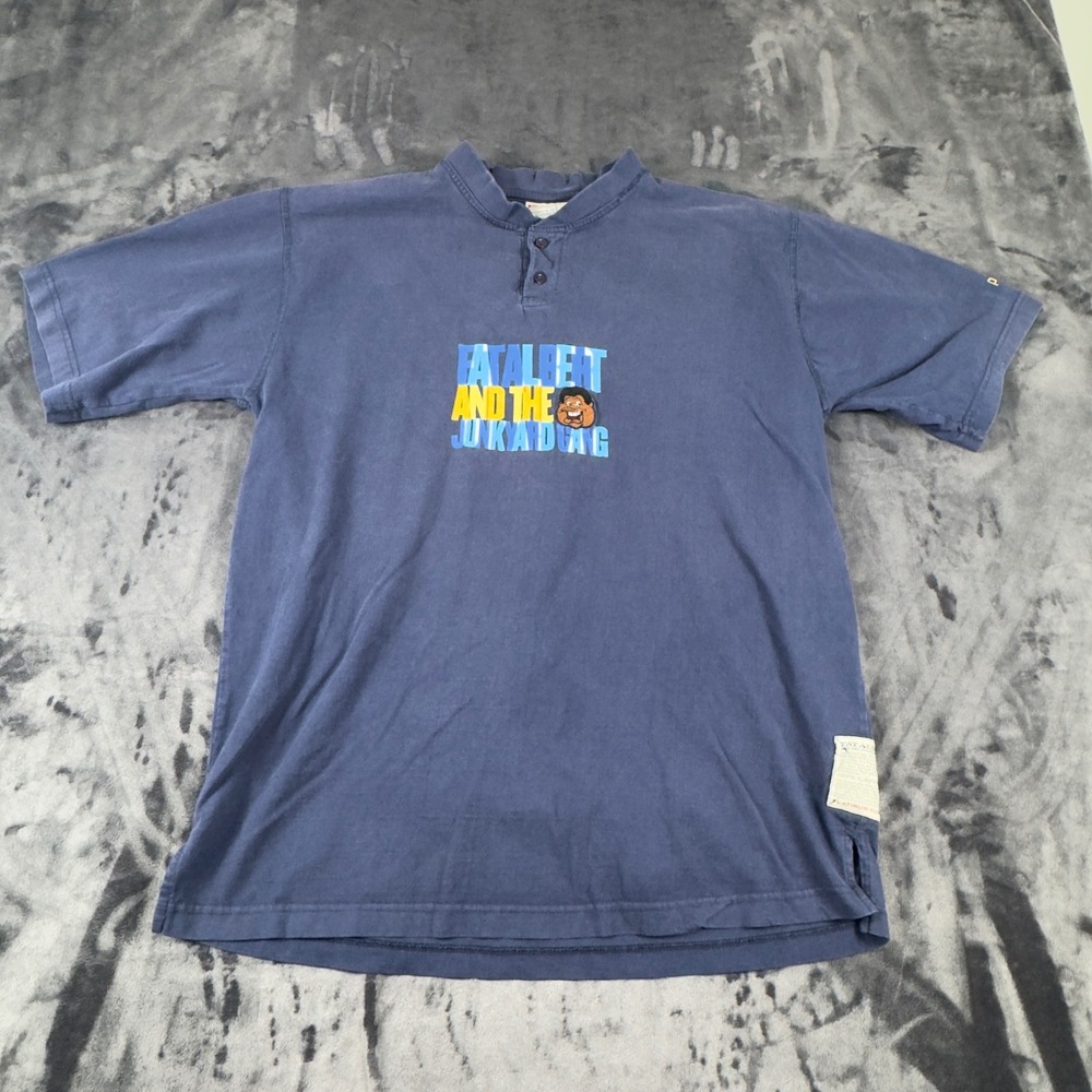 Platinum FUBU Henley Shirt Mens Medium Blue Fat Albert Junkyard Gang Graphic